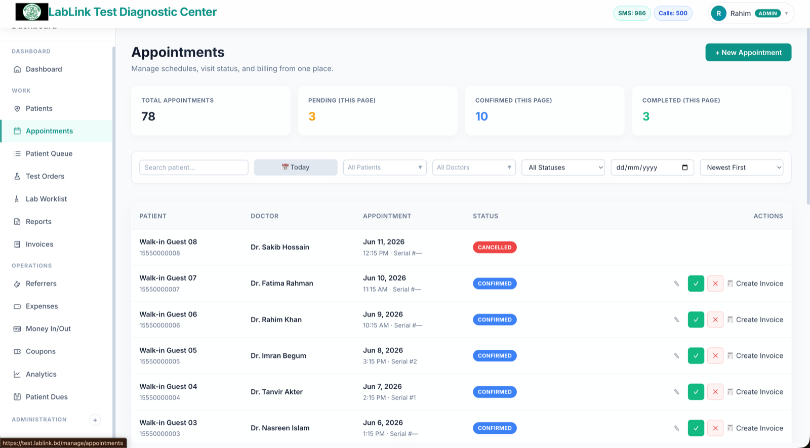 LabLink patient appointment management screen