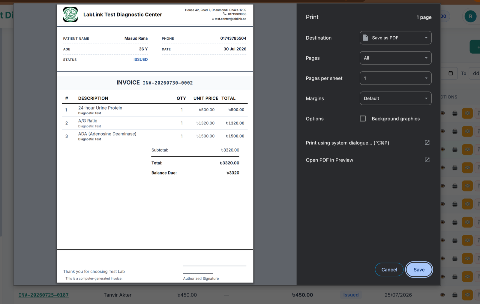 LabLink diagnostic invoice print view