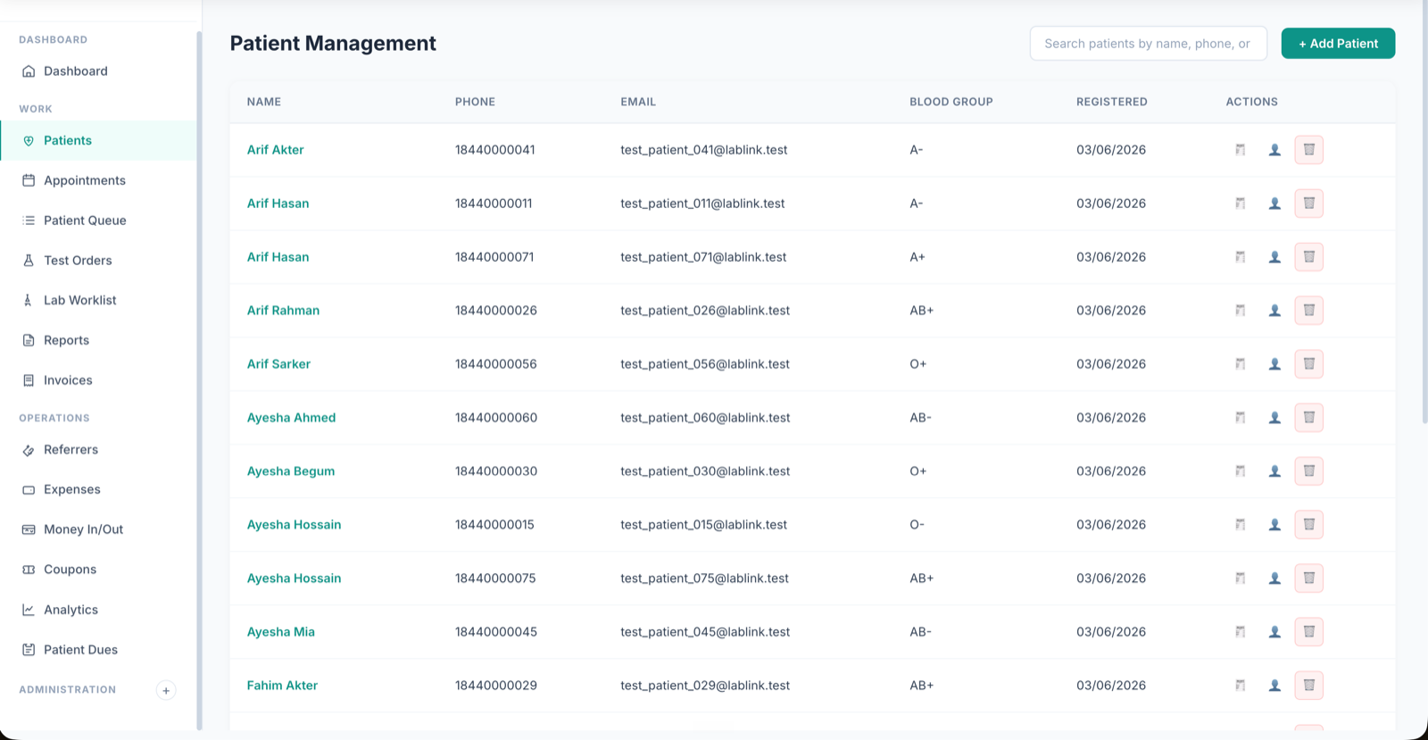 LabLink patient management screen