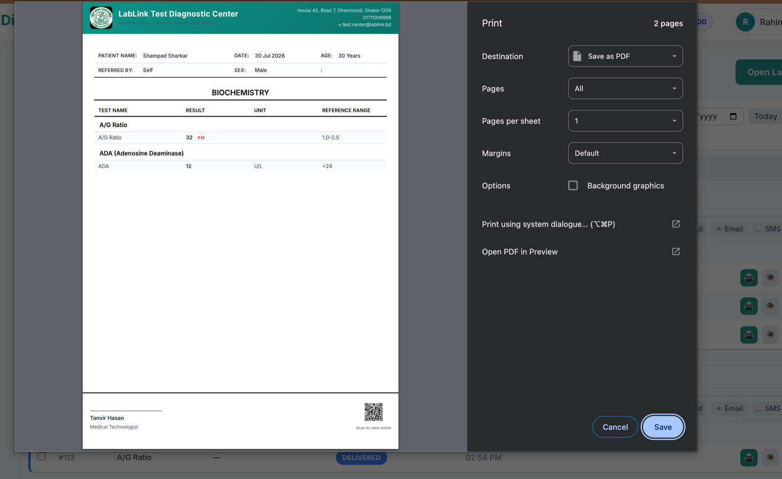 LabLink diagnostic report printing screen