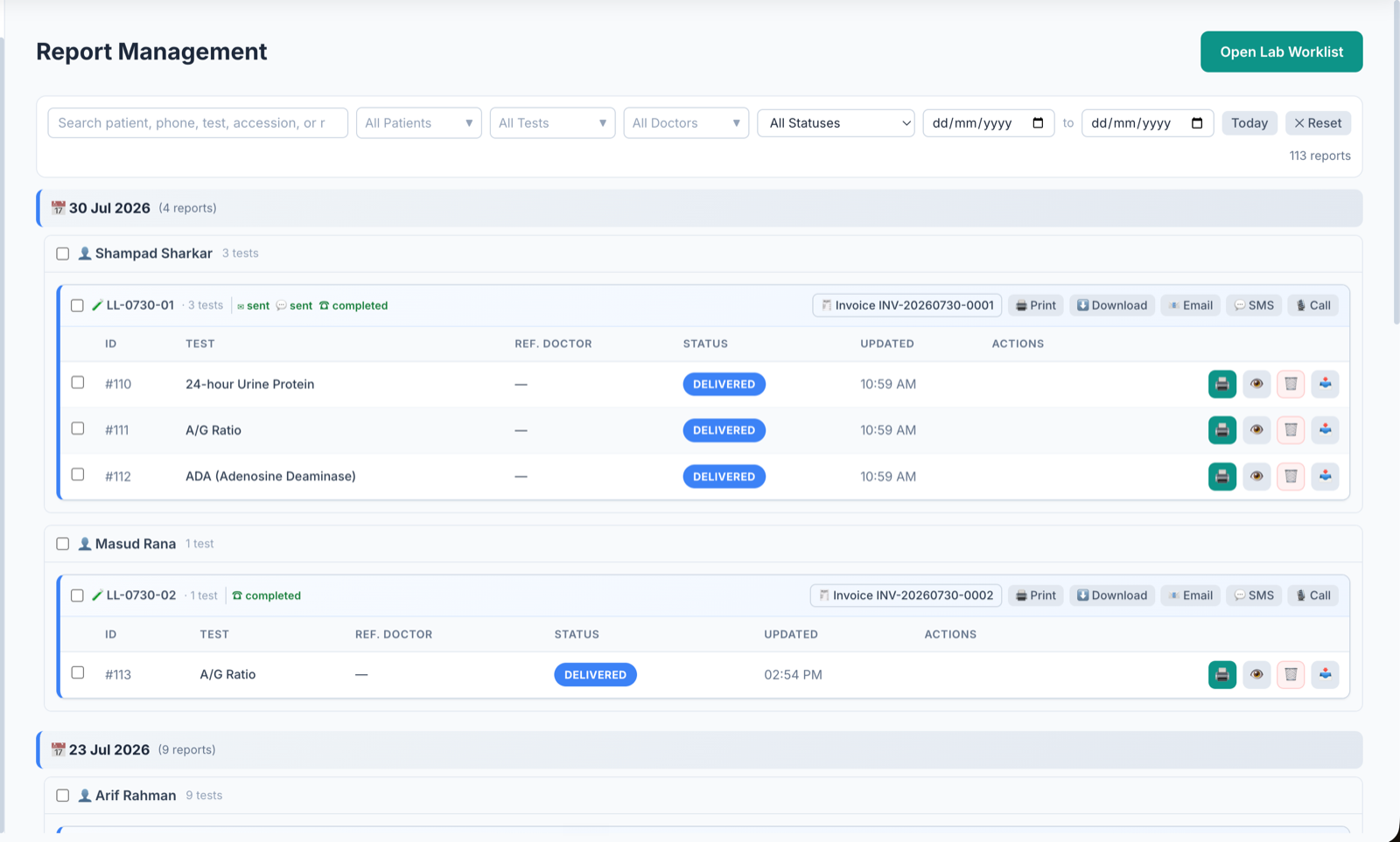 LabLink diagnostic report management screen