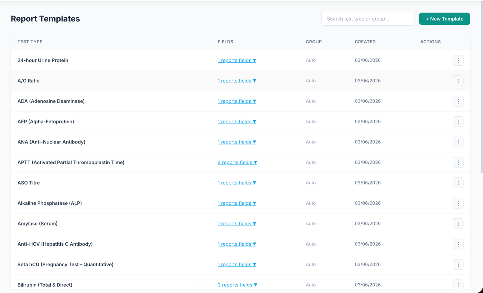 LabLink diagnostic report template management screen