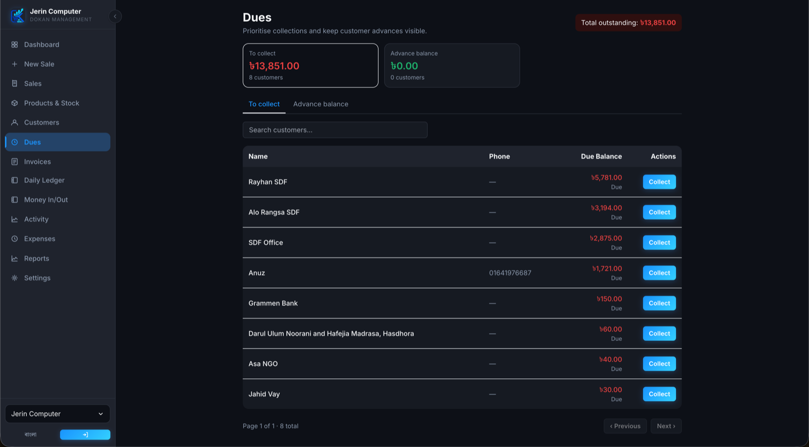 KarbarPro customer dues list