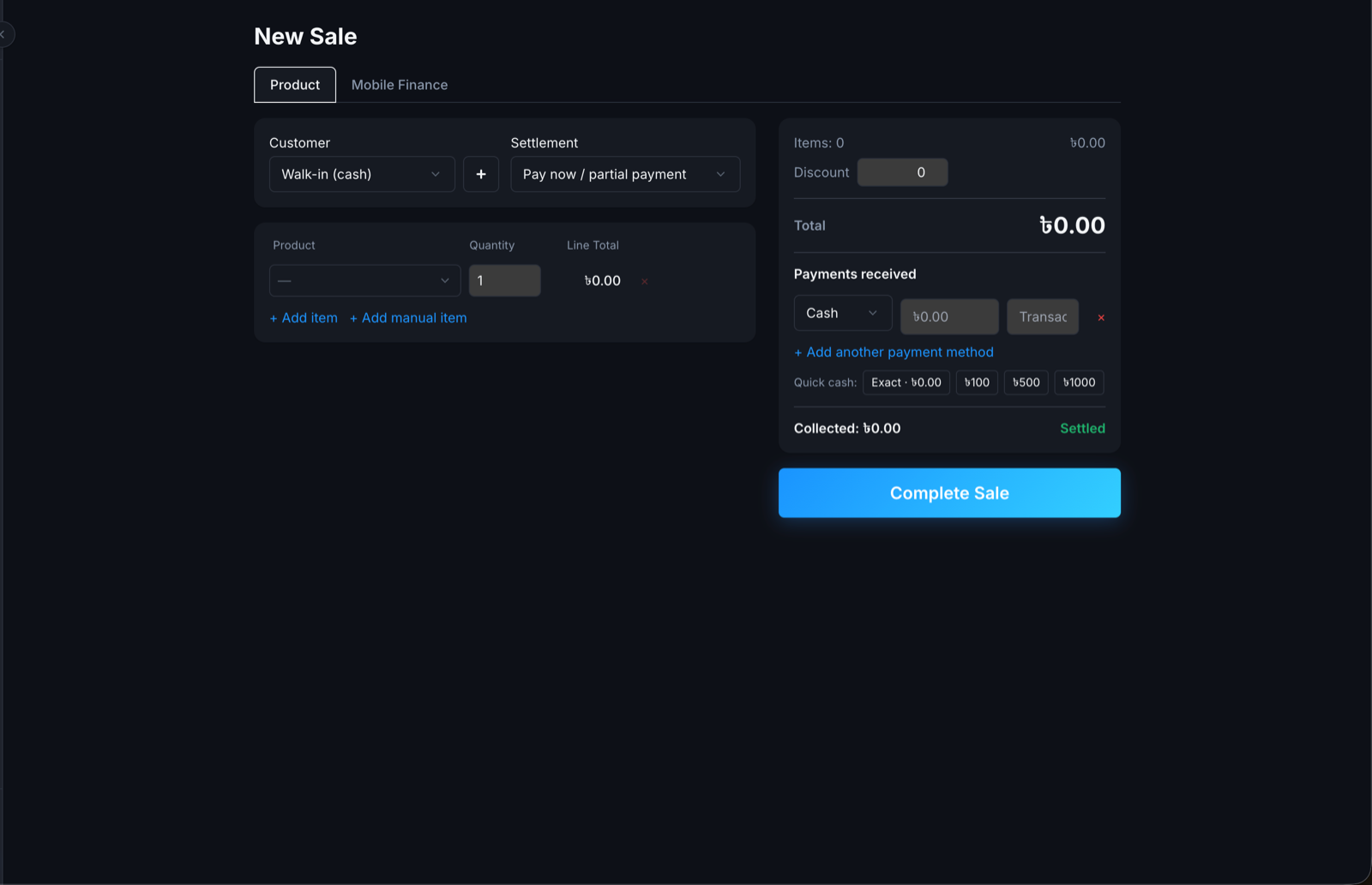 KarbarPro new sale screen with customer, payment and product controls